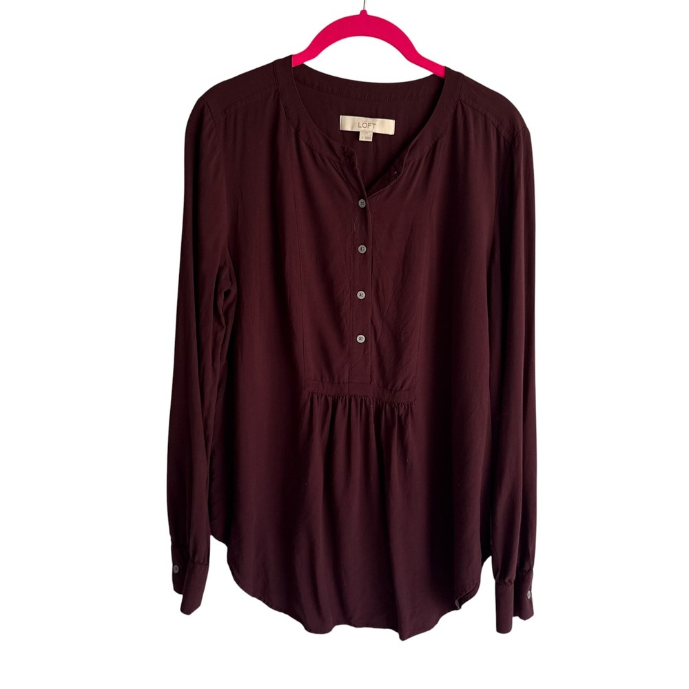 LOFT‎ Burgundy V-Neck Rayon Classic Ladies Long Sleeve Tunic Blouse, S